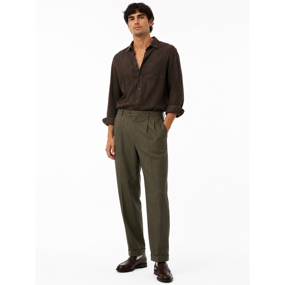 Pronto Uomo Couture Dress Pants Men 36 Olive Green Wool Pleated Windowpane Italy